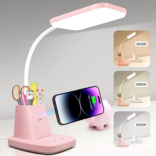 LED Desk Lamp with 10W Wireless Charging & Pen Holder, Pink - color: Pink