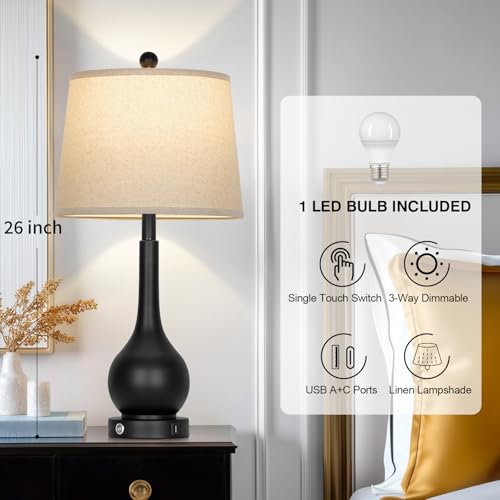 Rinweey 26" Black Table Lamp for Living Room Single, Touch Control Bedside Lamp for Nightstand, 3-Way Dimmable End Table Lamp for Bedroom with USB Charging Port (1 Pack) - color: Black (1 Pack)