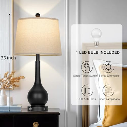 26" Black Table Lamp for Living Room Single, Touch Control Bedroom Lamps for Nightstand, 3-Way Dimmable Bedside Lamp with USB A+C Port (1 Pack) - color: Black - 26"H - 1 Pack