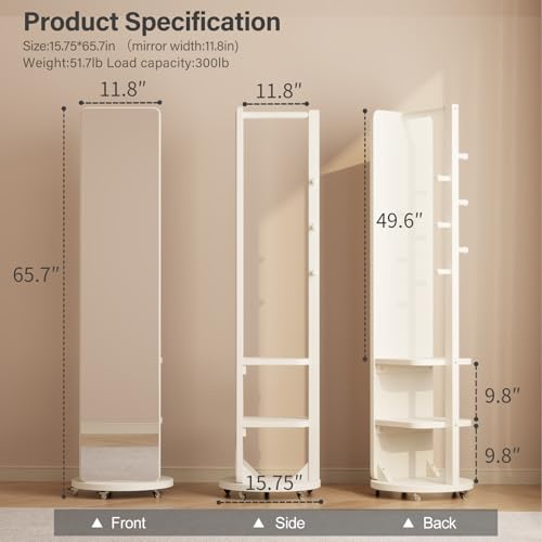 WoodsWhisper Full Length Mirror Coat Rack Solid Wood Floor Mirror 66"x12" Full Length Mirror with Stand Long Mirrors for Bedroom,Living Room (White-Mobile, 66" Lx12 W) - color: White-mobile, size: 66"Lx12"W