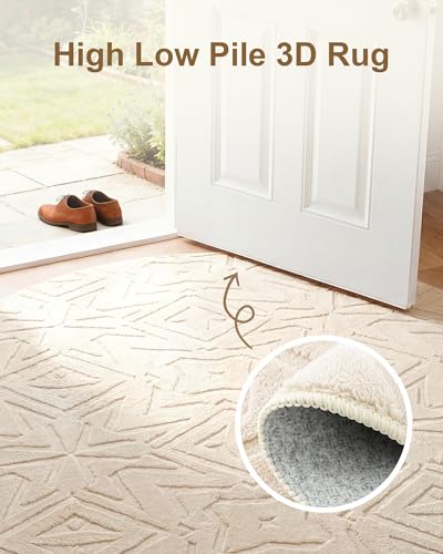 Carvapet 6.5ft Round Geometric Rug Beige Washable High Low Pile Carpet - color: Geometric Beige, size: 6.5' Round
