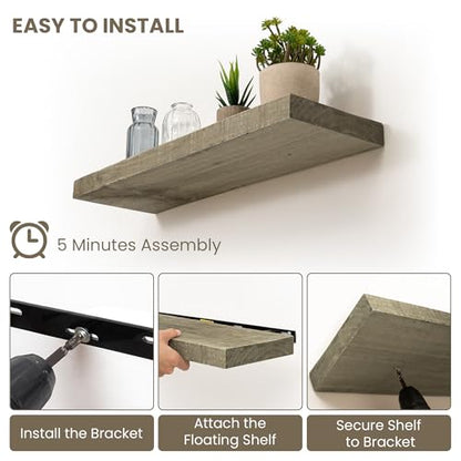 Acovy 24/30/36/40/48/55/72" Unfinished Solid Reclaimed Wood Floating Shelves, Rustic Heavy-Duty Wall Shelves, 8" Deep Floating Shelf for Living Room, Bathroom, Bedroom and Kitchen, Grey - color: Cement Grey, size: 24inches-2P