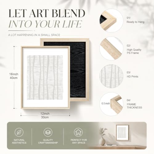 Aryroi Beige White Abstract Neutral Framed Canvas Wall Art Set- 12"x16"x3 - color: Boho Geometry Line Wall Art - White Oak Framed, size: 12"L x 16"W