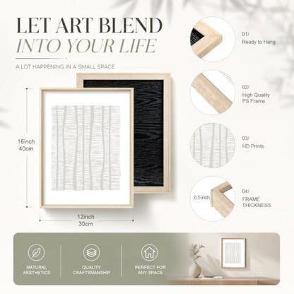 Aryroi Beige White Abstract Neutral Framed Canvas Wall Art Set- 12"x16"x3 - color: Boho Geometry Line Wall Art - White Oak Framed, size: 12"L x 16"W