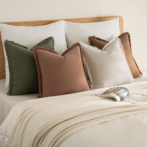 MIULEE Fall Linen Fringe Pillow Covers Set of 4 22x22 Beige/Brown/Green - color: Brown Green, size: 22" x 22" (Pack of 4)