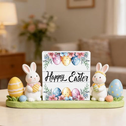 YUNKKIN Easter Table Decorations Easter Decorations Indoor Eggs Flowers Grass Home Room Office Bathroom Wood Box Sign Rustic Wooden Shelf Desk Decor Season Sign House Warming Gifts 5.9 x 5.9 Inch