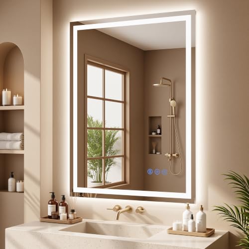 LED Bathroom Mirror with Lights 24"x32", Wall-Mounted Vanity Mirrors Front & Backlit Light Control Stepless Dimmable Anti-Fog Memory 3 Color Temperatures Shatter-Proof Tempered Glass - size: 24"L x 32"W