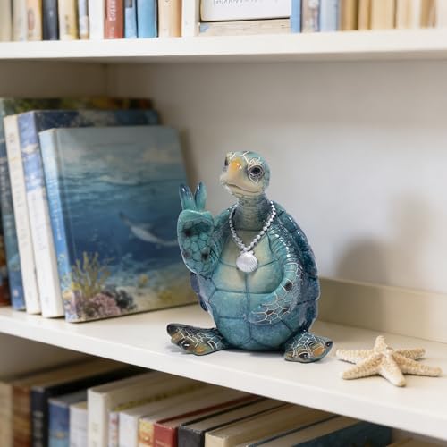 Hodao Summer Sea Turtle Figurine, Peace Sign Ocean Turtle Coastal Decor - color: Blue-2