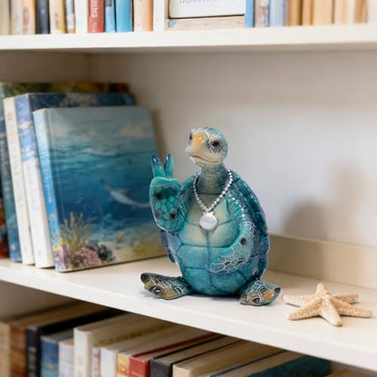 Hodao Summer Sea Turtle Figurine, Peace Sign Ocean Turtle Coastal Decor - color: Blue-2