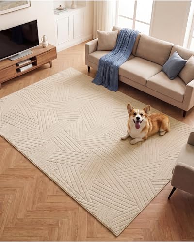 Carvapet 5x7 Area Rug Beige Modern Swirl Pattern Washable Carpet - color: Yarn Beige, size: 5' x 7' Rectangular