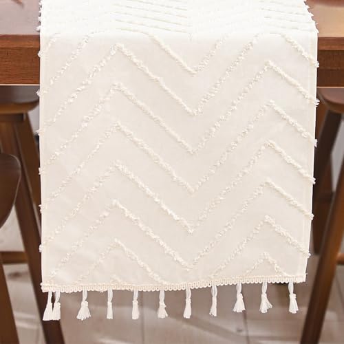 Boho Table Runner 12×120 Long with Tassels Beige Wave Fall Decor - color: Beige Wave