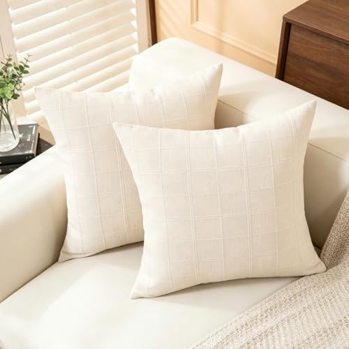 Linen Plaid Checkered Throw Pillow Covers, Beige, 18x18, Set of 2 - color: Beige, size: 18" x 18" (Pack of 2)