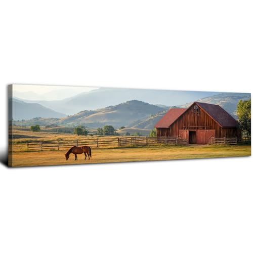 Country Farm Red Barn Wall Art Rustic Horse Picture Wall Decor for Living Room Farmhouse Animal Canvas Prints Kitchen Retro Forest Mountain Meadow Scenery Artwork Office Bedroom Home Decoration 14x48" - color: Barn