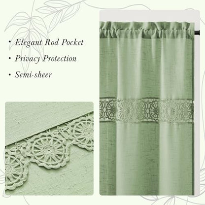 Gibelle Sage Green Boho Farmhouse Living Room Curtains 63 Inch Length, Modern Country Window Curtain for Bedroom, Linen Bohemian Rustic Draperies - color: Sage Green, size: 56"W x 63"L (Pack of 1)