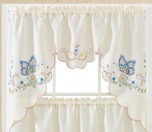 GOHD Dancing Butterfly 3pcs Embroidery Cafe Curtains with cutworks,Blue - color: Blue