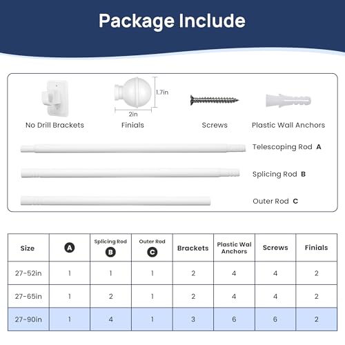 ENJOYBASICS 2 Pack 48-84" No Drill Curtain Rods, Renter Friendly, White - color: White, size: 27-90"