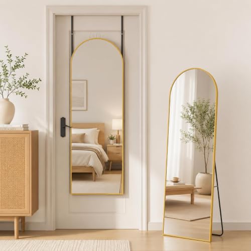 Antok 56" x14” Arched Full Length Floor Mirror, Gold Aluminum Frame, Free Standing/Wall Mount/Leaning for Bedroom, Living Room, Dressing Room - color: Gold, size: 56"L x 14"W