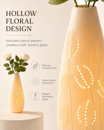 TACAHE Ceramic Vase Table Lamp - 2700K Bulb & 3 Artificial Flowers Included - style: Tulip