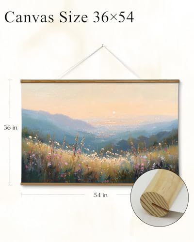VIYYIEA Extra Large Canvas Wall Art - Sunset Mountain Landscape, 36x54 Inch - color: Sunlit Hills Beyond the Blooming Flowers