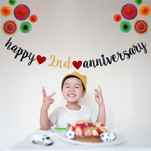 Happy 2nd Anniversary Party Banner, Black Glitter 2 Years Anniversary Garland, Wedding Banner Party Decorations (Pre-Strung)