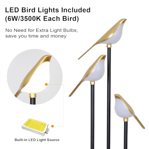 Black and Gold Floor Lamp, Bird Floor Lamp with Shelves, Modern floor Lamps for Living Room, 3-Light Corner Standing Lamp, LED Stand Up Lamp, Tall Lamp for Bedroom, Office, Cute Lighting Decor - color: Black & Gold