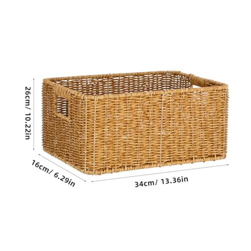 Hemobllo Imitation Woven Rattan Basket Desktop Storage Bin with Handles Large Capacity Shelf Organizer for Organizing Toys Pantry Sundries 13.38''
