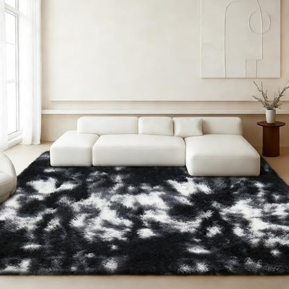 Black White Fluffy Shag Area Rug, Non-Slip Soft Carpet for Home - color: Black White Grey, size: 5' x 7' (Rectangular)
