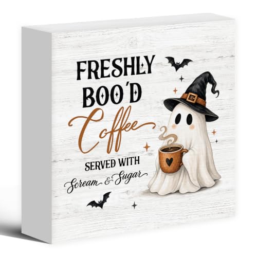 Halloween Freshly Boo'd Coffee Ghost Wood Box Sign Desk Decor 5X5 - color: Witchy Coffee