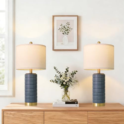 PoKat 25'' Blue Table Lamps for Bedroom Living Room Set of 2, Modern Ceramic Bedside Lamps with Gold Base for Office Sideboard Entryway Side End Table Nightstand Desk Lamps Home Gift (Dark Blue) - color: Dark Blue