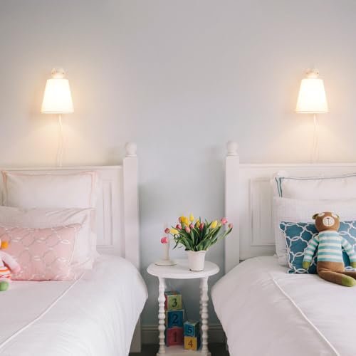 White Plug in Wall Sconces Set of Two, White Wall Sconce with Cord, Bedside Wall Lamps Plug in Set of 2 with Fabric Linen Shade, Wall Decor Bedroom Sconces for Living Room Hallway Porch - color: White, size: 6.3in-A