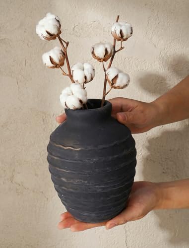 NiHome 6.7" Ribbed Ceramic Bud Vase, Farmhouse Flower Vase, Rustic, Black - color: Black
