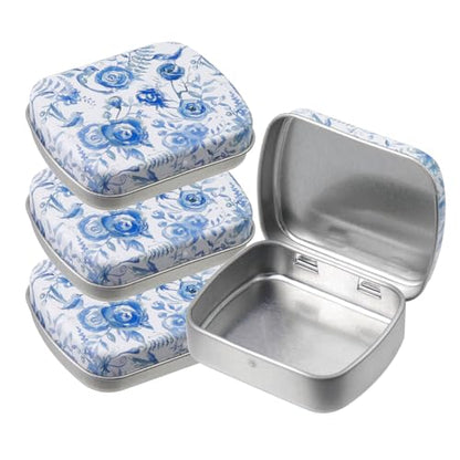 4pcs Blue Rose Pattern Empty Hinged Tin Box Metal Tins Storage Box - color: Blue Rose