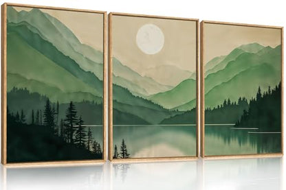 Celestdeco Green Boho Mountain Lake Framed Canvas Wall Art Set-16"x24"x3 - color: Green Landscape Wall Art, size: 16"L x 24"W