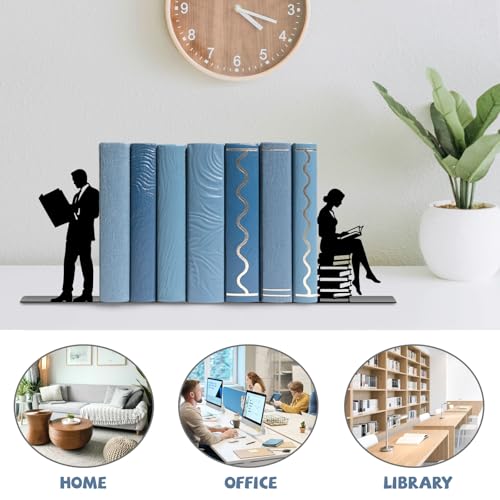 Metal Bookends Lovers Reading Book Ends for Shelves - color: Black - 1 Pair Couple Reading Book