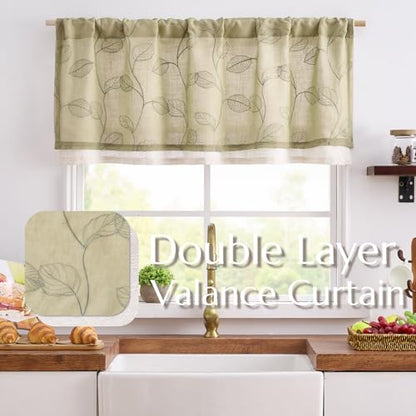 jinchan Linen Valance Curtain Green Sheer Leaf Embroidered 18 Inch 1 Panel - color: Leaf Sage Green