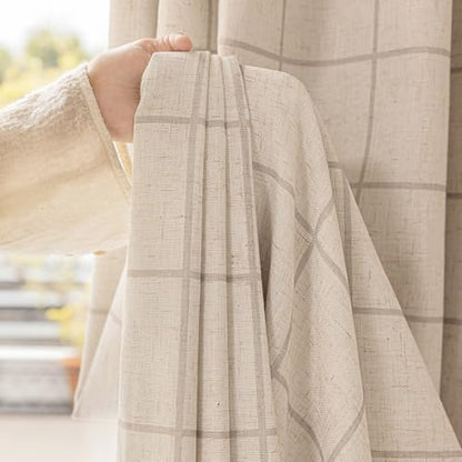 THREE GIRLS Pinch Pleated Plaid Curtains Blackout Linen Gingham Curtains for Living Room,Bedroom Checkered Patterned Insulated 84 Inches Long Double Layer 2 Panels Set Printed Design Darkening - color: Linen, size: 40"W x 84"L (Pack of 2)