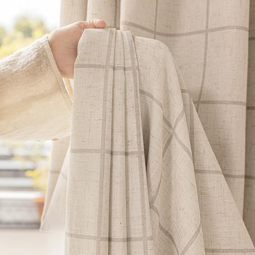 THREE GIRLS Linen Plaid Checkered Blackout Curtains Gingham Double Layer for Living Room,Bedroom,Dining Room 108 Inches Long 2 Panels Set Patterned Printed Design Insulated Pinch Pleated - color: Linen, size: 40"W x 108"L (Pack of 2)