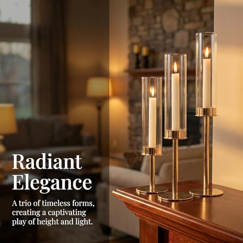 Gold Hurricane Candle Holders Set of 3, Tall Metal Windproof Glass Taper Candle Holder for Candelabra Centerpieces for Dining Table, Wedding, Party & Fireplace Mantel Decor