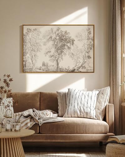 VIYYIEA Large Framed Canvas Wall Art, 24x36 Inch Vintage Tree Sketch Landscape Art Print, Neutral Nature Wall Decor for Living Room Bedroom Office - color: Three Trees Artwork, size: 36"L x 24"W