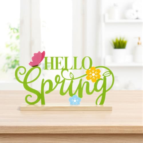 Roowest Metal Hello Spring Table Decor Sign with Wooden Base - style: Spring