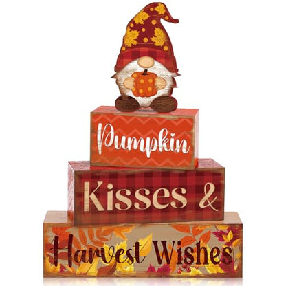 4 Pcs Fall Decor for Home Gnomes Pumpkin Wooden Signs with Harvest Wishes - style: Gnome