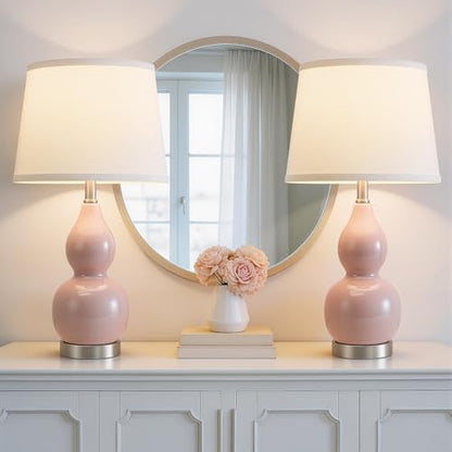 GyroVu 22" Table Lamp Set of 2, Color Temperature Adjustable Double Gourd Ceramic Lamps Classic Nightstand Table Lamps for Bedroom Beside Lamps for Living Room, Pink-Bulbs Included - color: 22.63" Pink Gourd