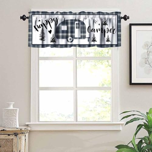Retro Camper Valance, Farmhouse Vintage Blue Check Plaid Camping Rustic Camp Rv Travel Trailers Print Blackout Short Window Treatment Curtain for Kitchen Kids Bedroom Livingroom, 54x18inch - color: Camp-8