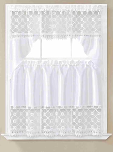 Generic 3-Piece Set Embroidered Window Curtain 2 Panels 1 Valance for Kitchen Restaurant Bar BR (White BR-16) - color: White Br-16