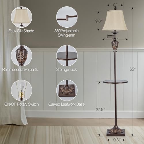 Traditional Floor Lamp with Tray, Remote Dimmable, 350° Swing Arm and Brown - color: Brown-1