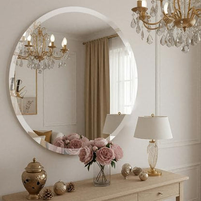 30 Inch Round Frameless Bathroom Mirror, Beveled Round Mirror - size: 30"L x 30"W