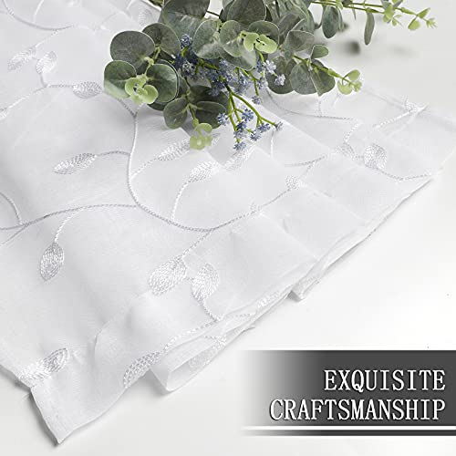 Tollpiz Leaves Sheer Tier Curtain White Leaf Embroidery Kitchen Half Curtains Rod Pocket Voile Faux Linen Embroidered Leaves Curtain for Bathroom, 30 x 36 inches Long, Set of 2 Panels - color: White, size: 30"W x 36"L (Pack of 2)