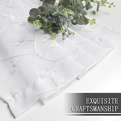 Tollpiz Leaves Sheer Tier Curtain White Leaf Embroidery Kitchen Half Curtains Rod Pocket Voile Faux Linen Embroidered Leaves Curtain for Bathroom, 30 x 36 inches Long, Set of 2 Panels - color: White, size: 30"W x 36"L (Pack of 2)