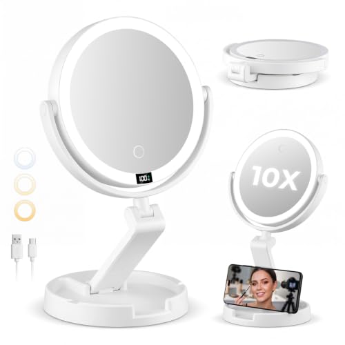 Brightown Lighted Travel Makeup Mirror,1X & 10X Magnification,3 Light Modes - color: White