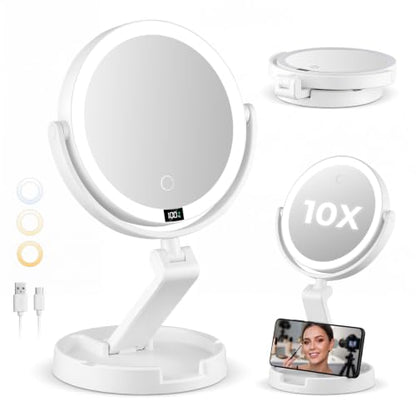 Brightown Lighted Travel Makeup Mirror,1X & 10X Magnification,3 Light Modes - color: White